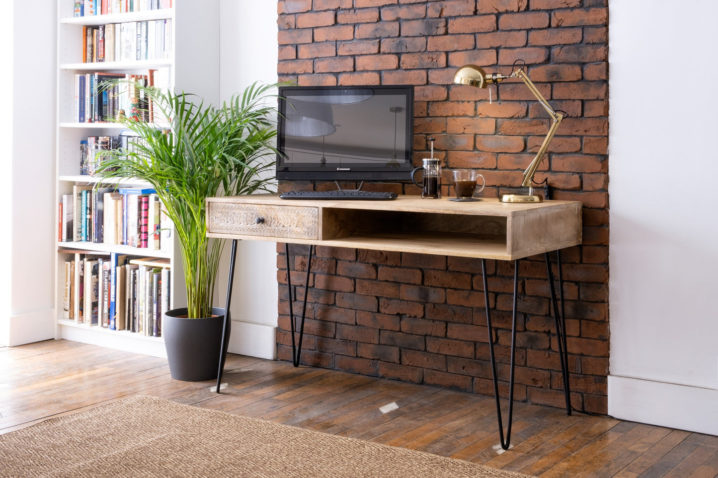 Mango wood desk on black iron hairpin Legs