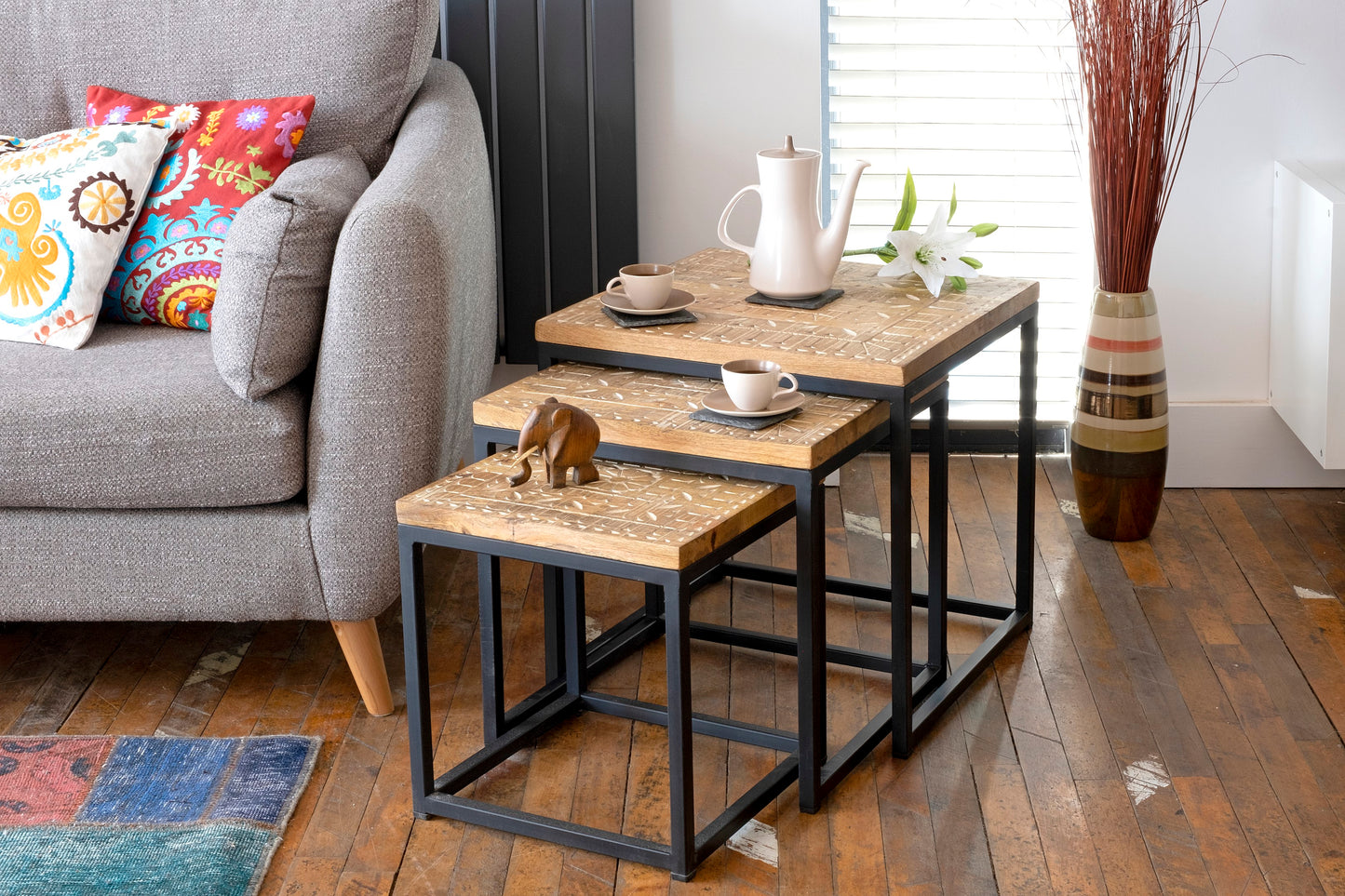 Nest of 3 Mangowood Hand carved square Tables