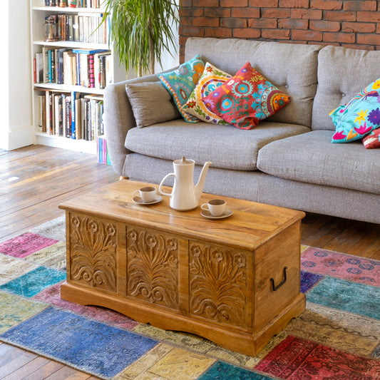 Acacia wood hand carved Chest Coffee Table