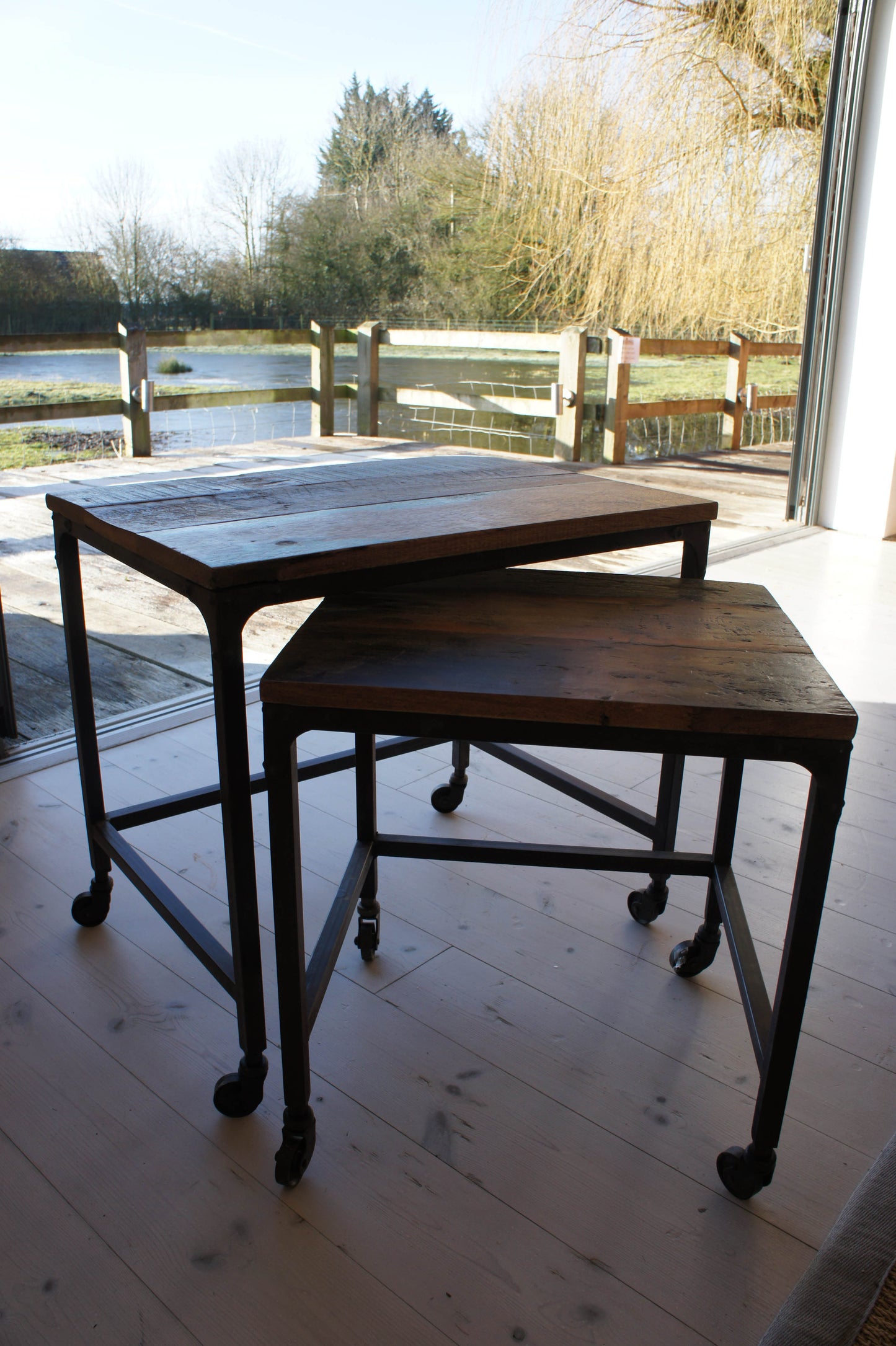 Vintage Painted Teak 2 Piece Nest of Tables with Iron Base