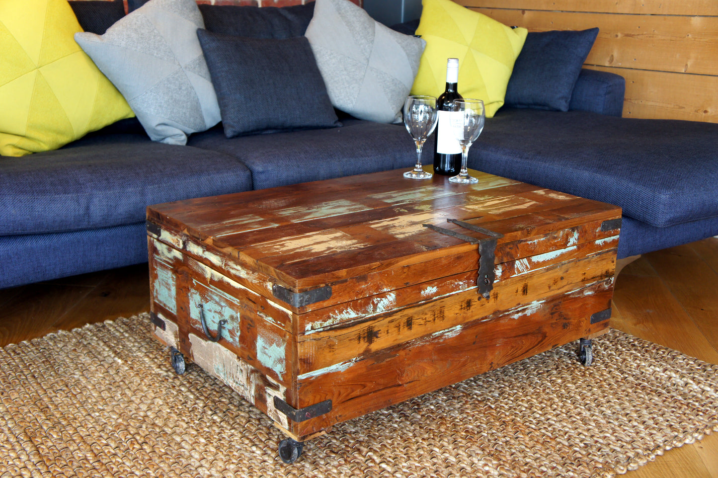 Vintage Painted teak  Coffee table Trunk on Wheels