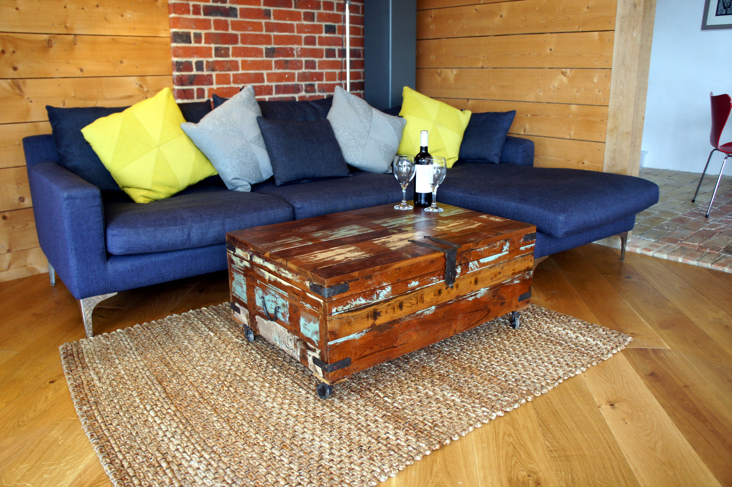 Vintage Painted teak  Coffee table Trunk on Wheels