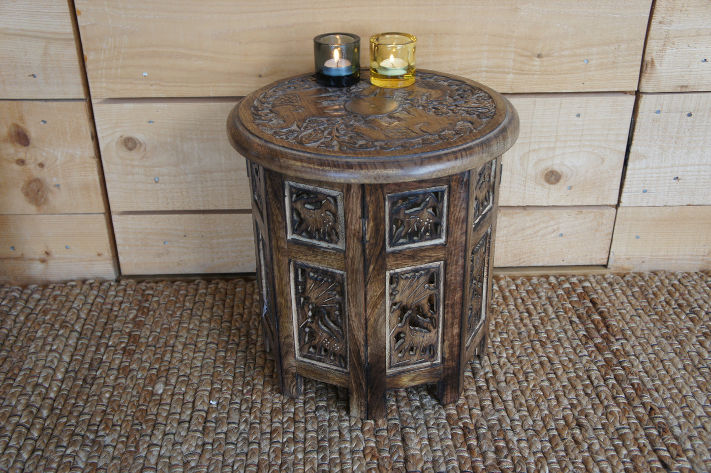 Mangowood Elephant Carved Octagonal Side Table