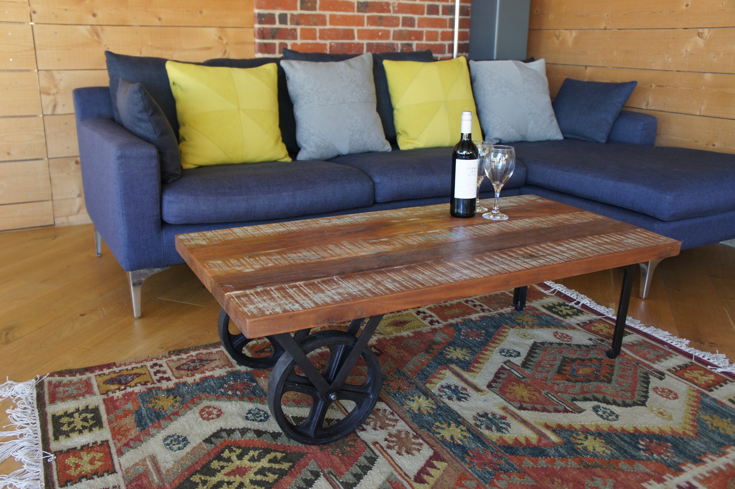 Vintage Destressed Painted Teak Cart Coffee Table