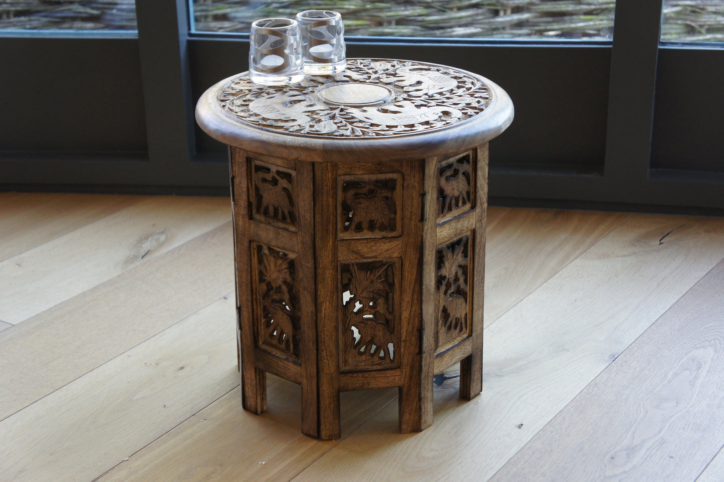 Mangowood Elephant Carved Octagonal Side Table