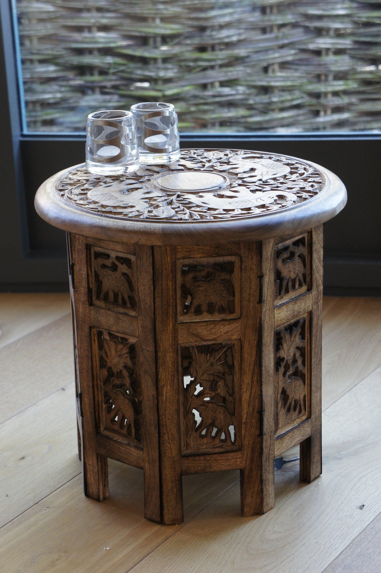 Mangowood Elephant Carved Octagonal Side Table