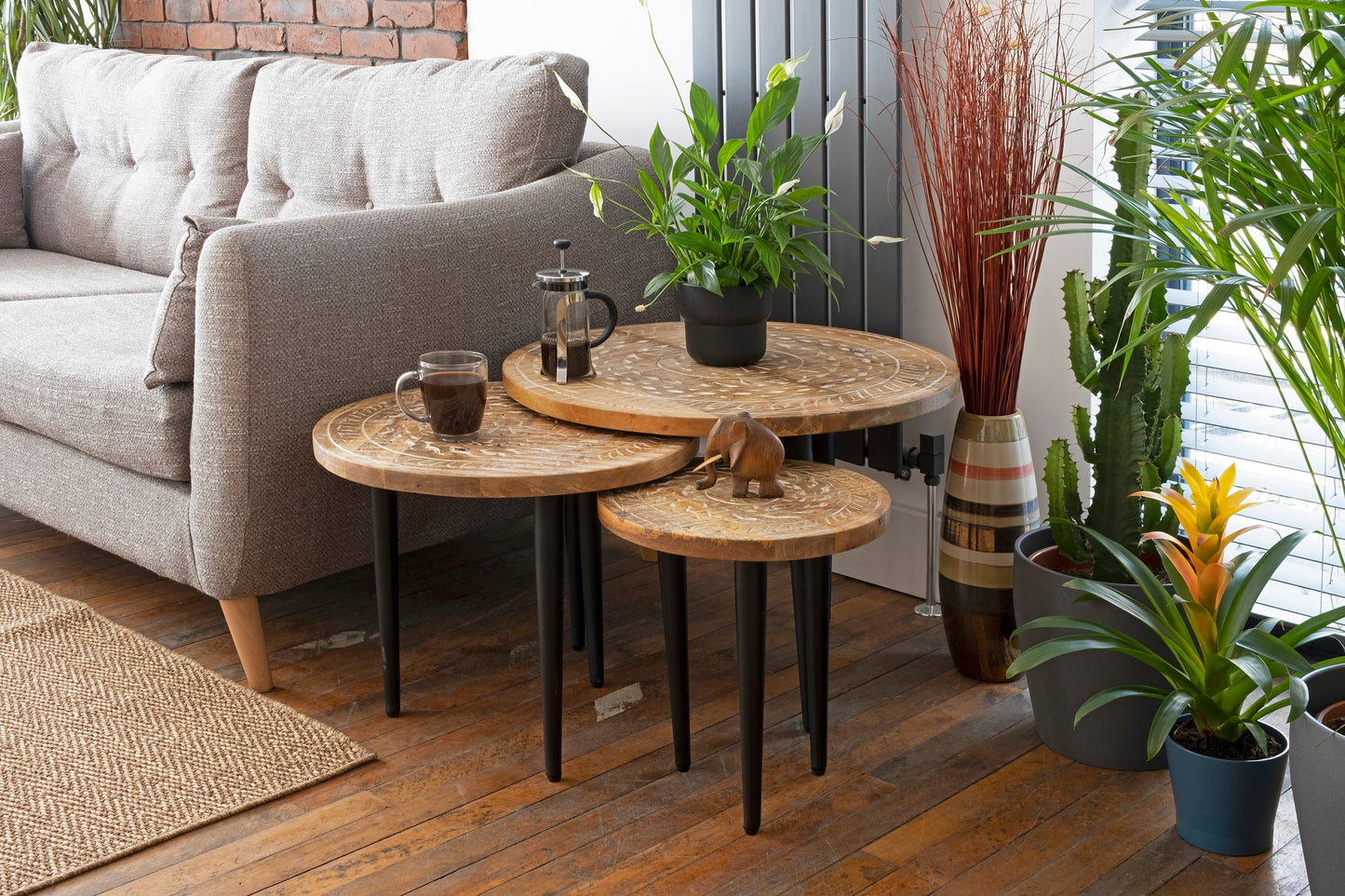 Set 3 Mangowood Hand Carved Circular Side tables