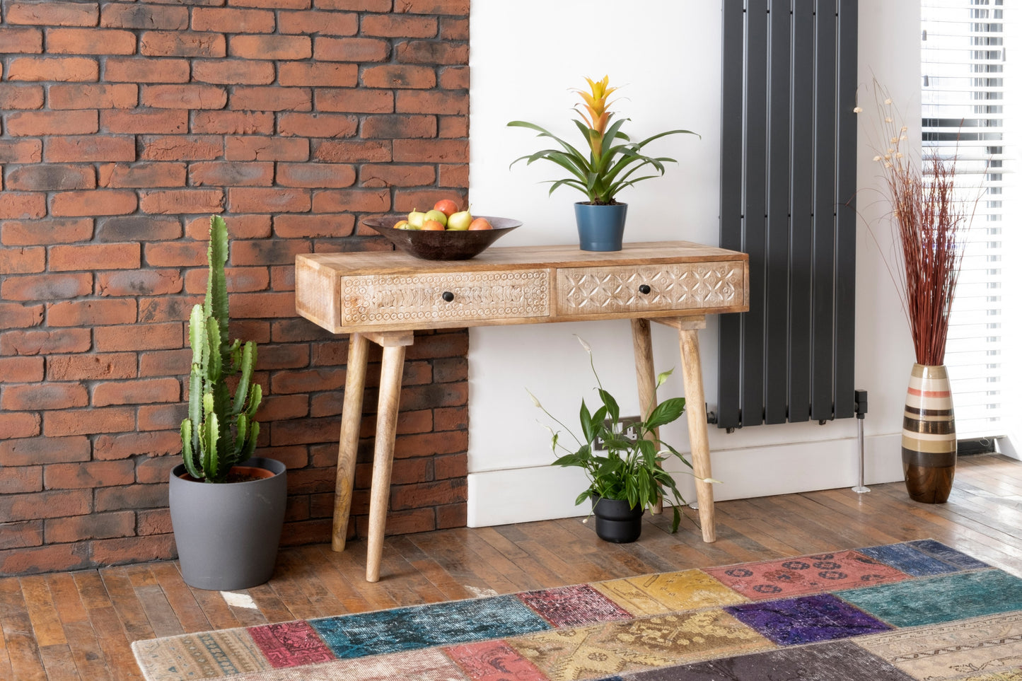 Distressed Mango Wood Computer Desk with Carved Drawers