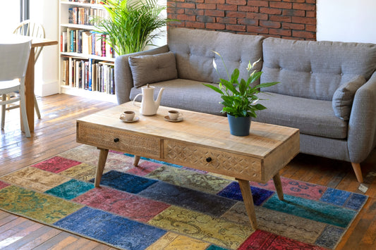 Distressed Mango Wood Coffee table with Carved Drawers