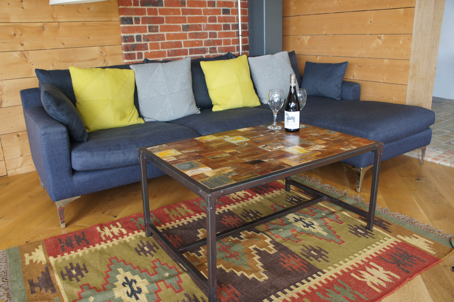 Vintage Painted Industrial Iron Teak Coffee Table