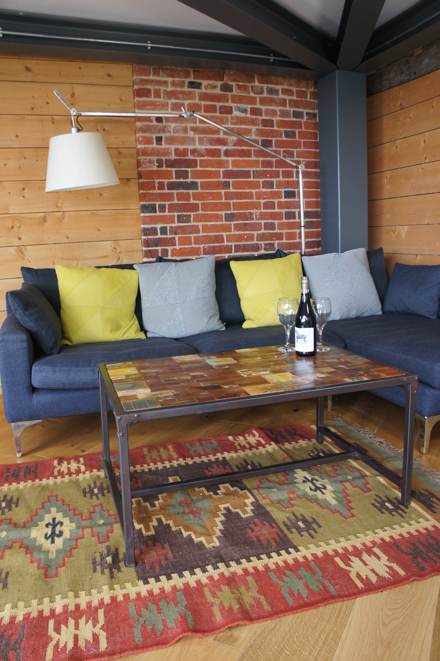 Vintage Painted Industrial Iron Teak Coffee Table