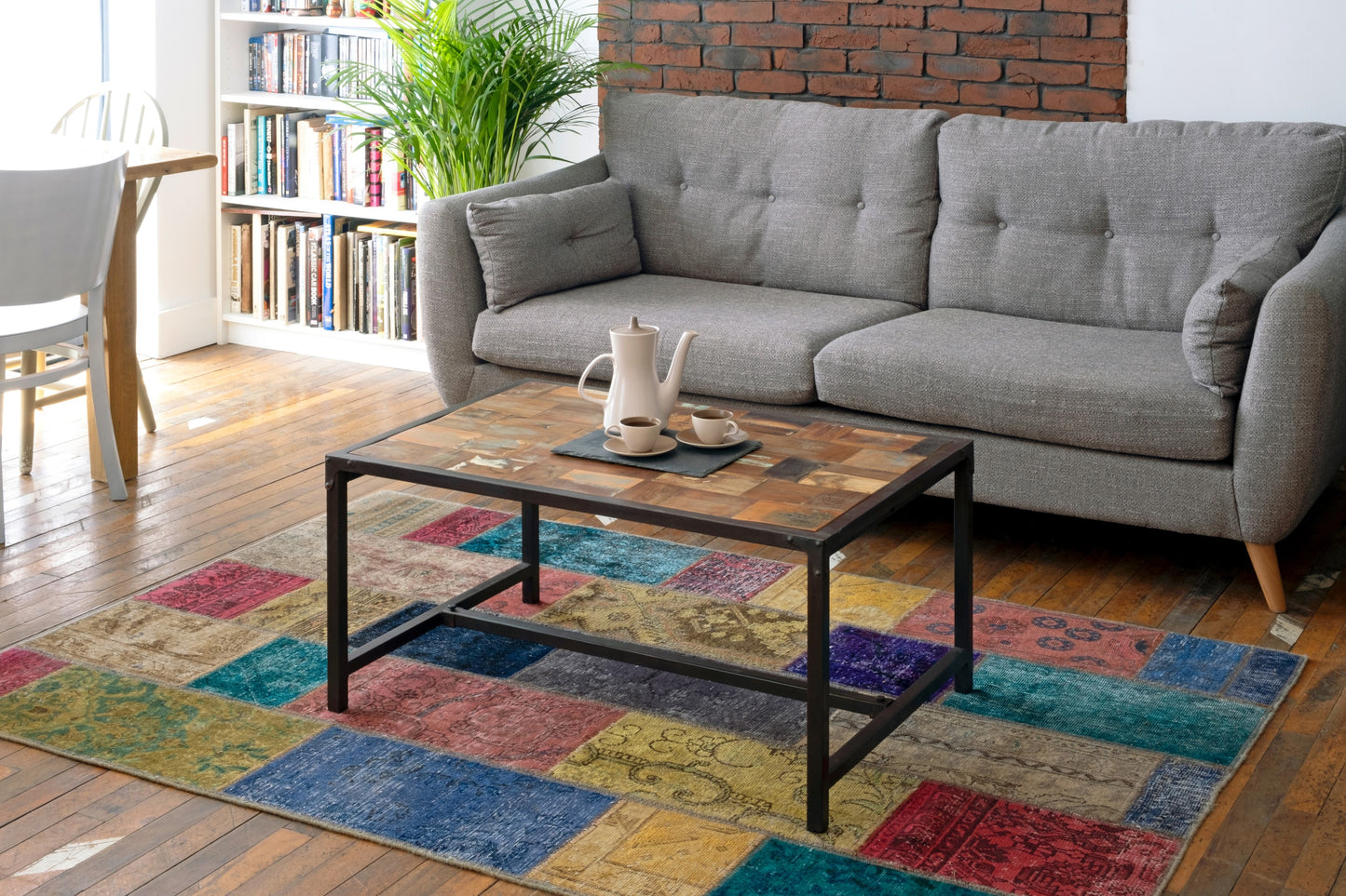 Vintage Painted Industrial Iron Teak Coffee Table