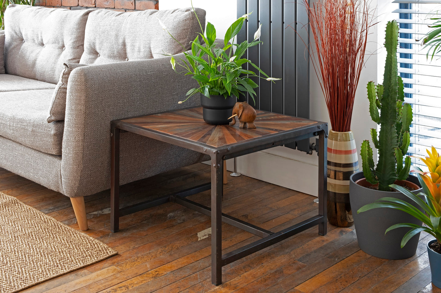 Vintage Painted Teak Industrial Iron Coffee Side Table