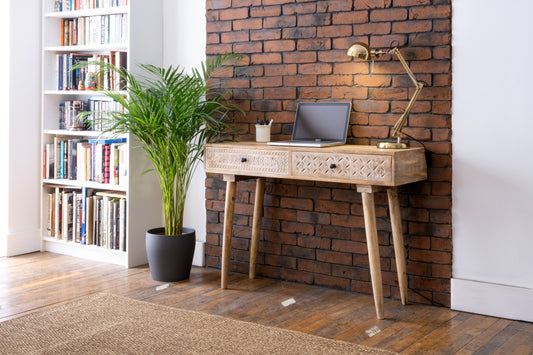 Distressed Mango Wood Computer Desk with Carved Drawers