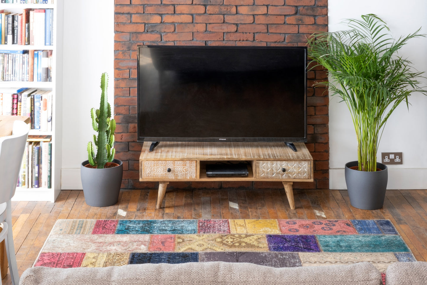 Distressed Mango Wood TV unit with Carved drawers