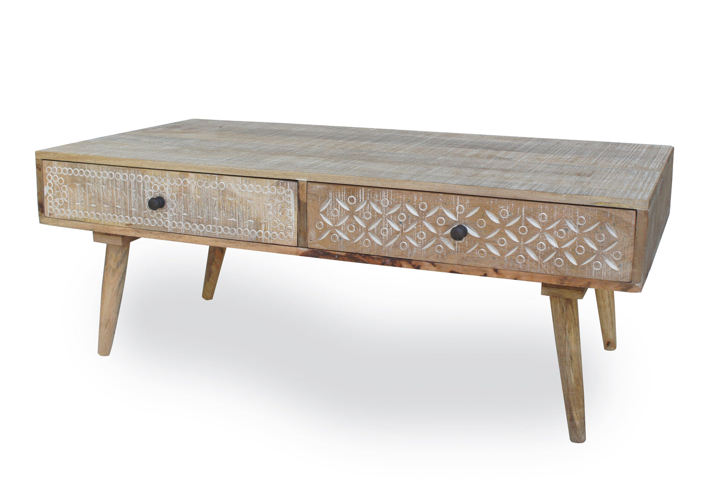 Distressed Mango Wood Coffee table with Carved Drawers